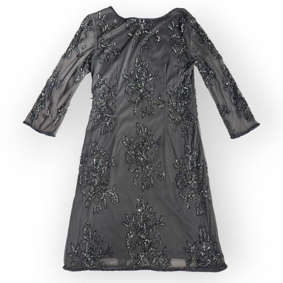 Dusty Violet Pisarro Nights Dress Gray Beaded Mesh 3/4 Sleeve Embellished Size 4 - Picture 3 of 15